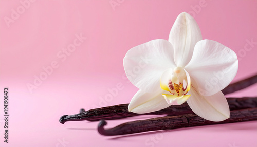 Vanilla orchid flower with vanilla pods and aromatic vanilla sticks, elegant botanical composition, isolated