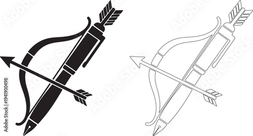 Crossbow and bow and arrow icons in black and line art styles