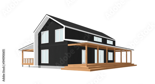 A modern two-story house with a black exterior and a dark roof features white-framed windows and an extensive wrap-around wooden porch.