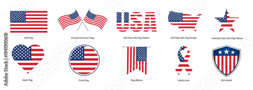 Flag USA set isolated icon. American flag symbols collection with map, star, shield, heart and ribbon vector illustration