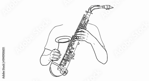 A black and white line drawing of a person playing a saxophone