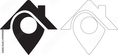 Black and white house with map pin logo design