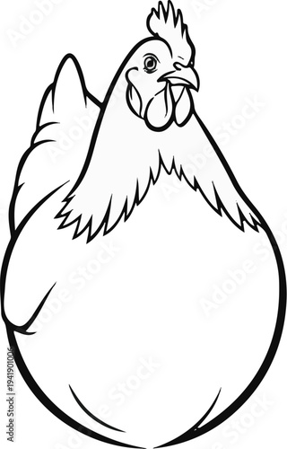 A black and white line drawing of a plump chicken facing the viewer