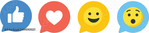Social Media Reaction Emoji Icons Set with Like Heart Smile Surprise Faces in Chat Bubble Style Flat Vector Illustration