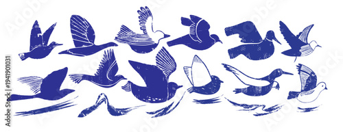 Cobalt Blue and Indigo Bird Vector Illustrations in Cyanotype and Linocut Style. Minimalist Mid-century Woodcut Collection with Distressed Blockprint Texture for Retro Logo Design, Set of Folk Stamp