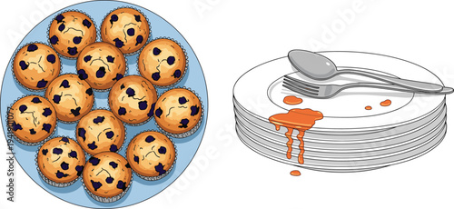 Chocolate Chip Muffins on Plate and Dirty Dishes with Leftover Sauce Vector Illustration Set