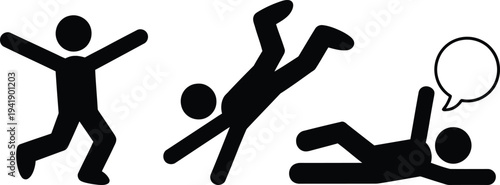 A sequence of stick figures demonstrating the process of falling and thinking