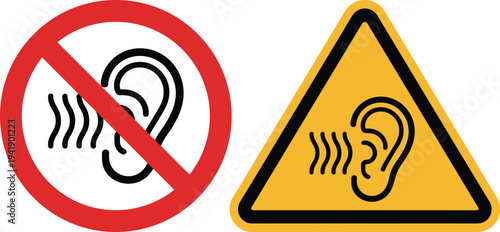 Warning and prohibition signs for loud noise and hearing protection.