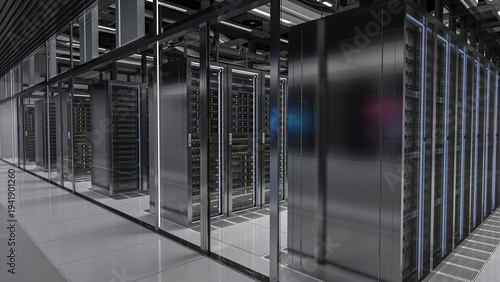 Modern server room corridor with rows of data servers inside a high tech data center. Modern data center interior with server racks and advanced computing infrastructure.