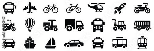 Transport Icon Set Vector Illustration, Transportation Symbols Collection with Car, Bus, Train, Airplane, Ship, and Bike Icons, Modern Mobility and Travel Sign Elements for Web and App Design