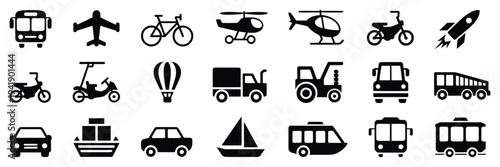 Transport Icon Set Vector Illustration, Transportation Symbols Collection with Car, Bus, Train, Airplane, Ship, and Bike Icons, Modern Mobility and Travel Sign Elements for Web and App Design