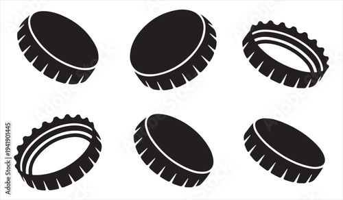 Bottle cap silhouettes metal crown bottle lid icon collection