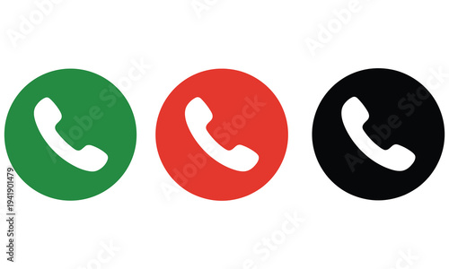 Vector graphic illustration of three colored telephone icons in green, red, and black, suitable for call button designs and communication symbols.