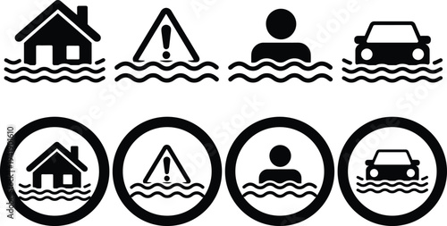 Icons representing different types of flood-related hazards and safety measures