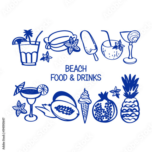 Vacation vibes hand drawn vector illustrations. Vector set with beach food and drinks.