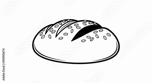 A black and white line drawing of a round loaf of bread with seeds