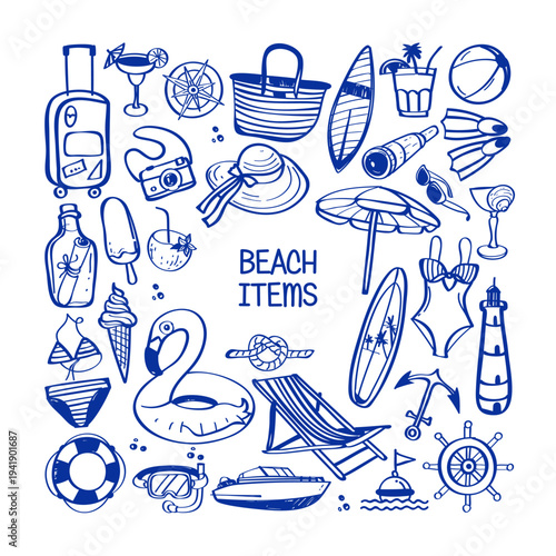 Vacation vibes hand drawn vector illustrations. Vector set with beach items.