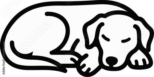 A black and white line drawing of a sleeping dog curled up peacefully