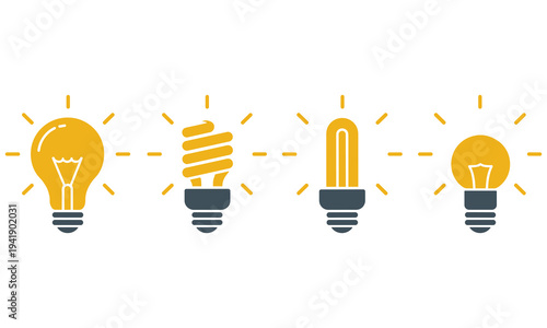 Vector illustration of four different light bulbs in various states symbolizing ideas and creativity in a simple design concept.