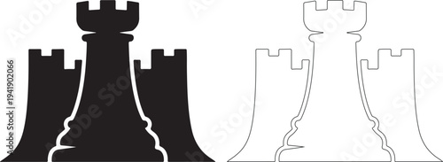 Black and white chess piece icons with castle towers