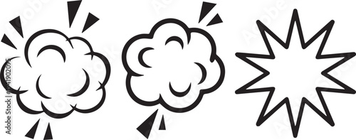Three black and white explosion and burst symbols with radiating lines