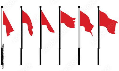 Set of six red flags waving on black poles against a white background, showcasing various dynamic positions and movements in a vector graphic illustration.
