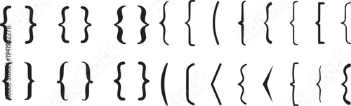 Brace and Bracket Collection: An array of curly braces and brackets, elegantly arranged to showcase design options, suitable for typography or representing sets and groupings.
