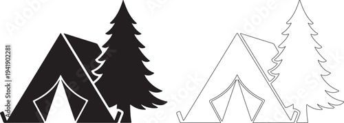 Black and white camping tent and tree silhouette vector icons