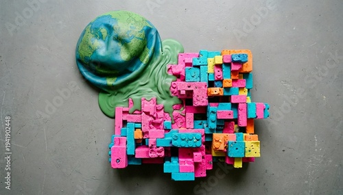 Colorful building blocks and slime in abstract creative arrangement  