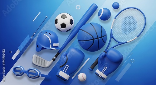 Sports Equipment Collection on Blue Background.
