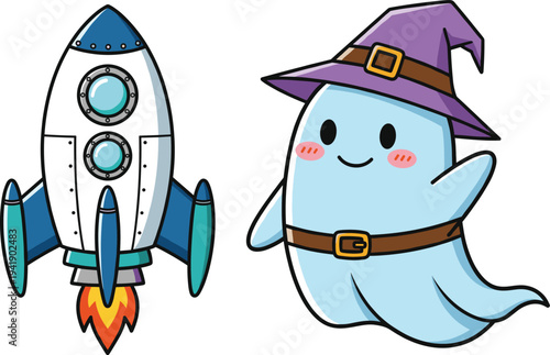 Cute Cartoon Rocket Launch and Adorable Witch Ghost Character Vector Illustration Set for Kids Halloween and Space Theme
