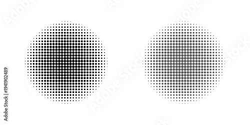 Set of halftone dots gradient pattern texture isolated on white background. Straight dotted spots using halftone circle dot raster texture.