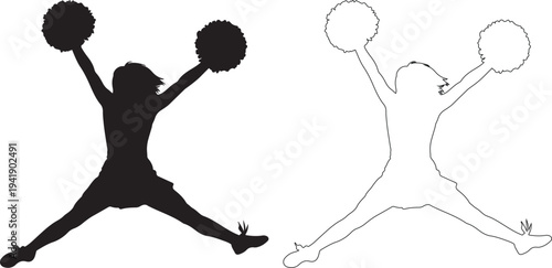 Cheerleader silhouette with pom poms in dynamic jumping pose vector
