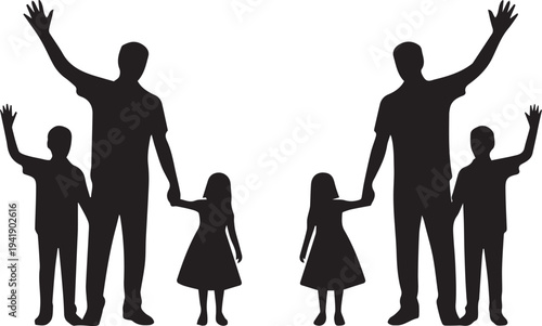 Two families with raised hands and children holding hands silhouette family parents
