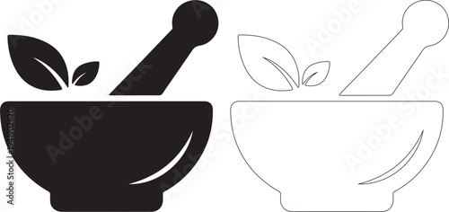 Black and white mortar and pestle icons with leaves