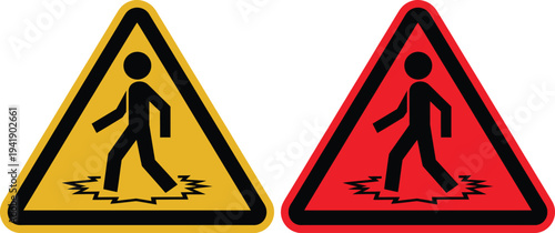 Two triangular pedestrian warning signs with yellow and red backgrounds