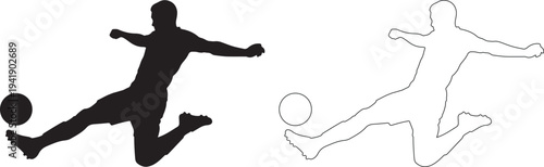 Black silhouette of a soccer player kicking a ball with a dotted outline