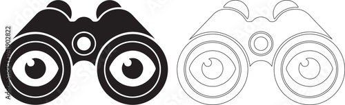 Black and white binoculars icons in solid and dotted line styles