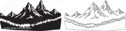 Black and white mountain range silhouette and line art illustration