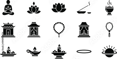 Black and white yoga and meditation icons set