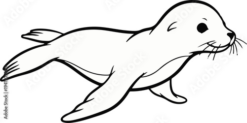 A black and white line drawing of a young seal gracefully swimming with its flippers extended