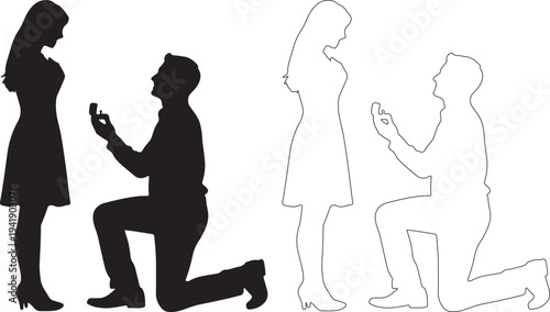 Proposal scene with man kneeling and offering ring to woman in silhouette