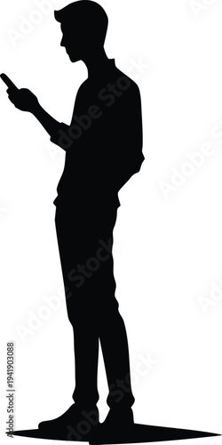 Silhouette of a young man using a smartphone isolated on white background representing modern communication and technology