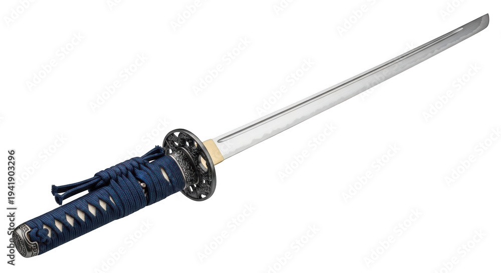 Fototapeta premium A traditional japanese katana sword with a blue handle and silver blade isolated on transparent background