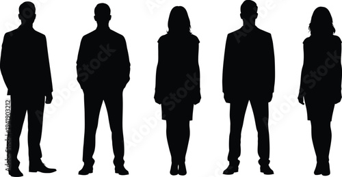 Five human silhouettes standing in a row