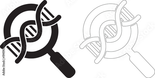 Black and white dna helix magnifying glass icon set