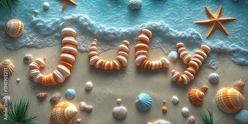 Ocean themed background with seashells, starfish and beach elements arranged on soft sand tones. Coastal summer concept ideal for vacation themes, travel design and seaside lifestyle visuals. July