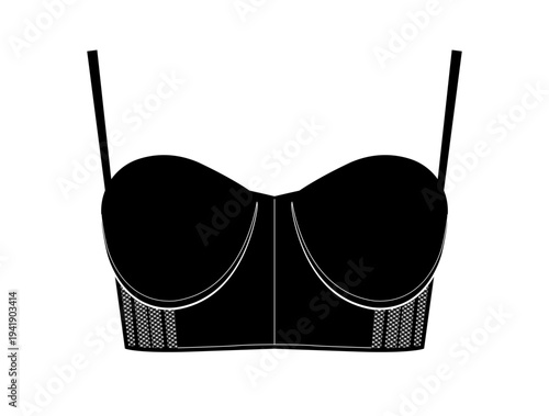 Black silhouette of longline bustier bra with underwire and mesh side panels accentuating breast shape. Vector illustration of erotic female lingerie isolated on white background.
