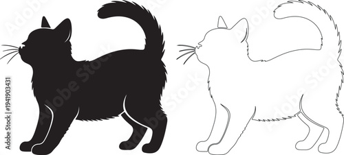 Black silhouette and dotted line illustration of a cat side by side