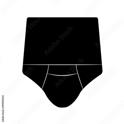 Black silhouette of classic men briefs with wide waistband and front seam panels. Vector illustration of male underwear isolated on white background.